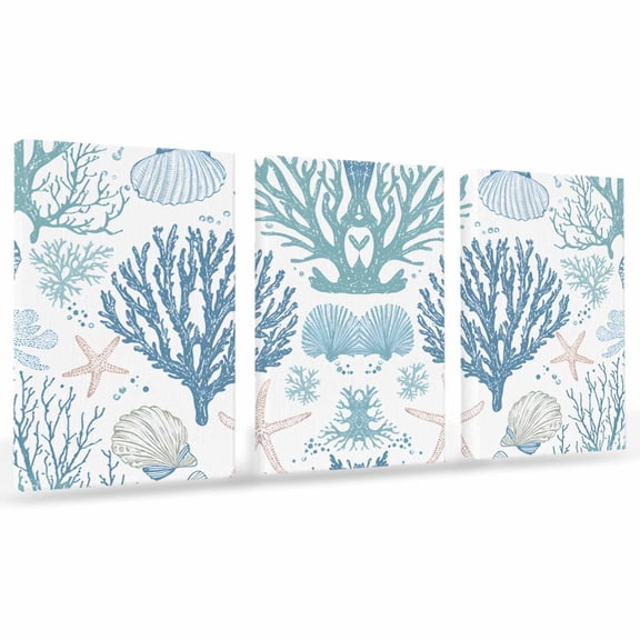 Summer Marine Life Canvas Wall Art 3 Panels, Ocean Coral Shell Simple Lines Art Framed Wall Decor Modern Artwork Prints Painting for Living Room, Bedroom, Kitchen & Cafe Decor 16" x 20"