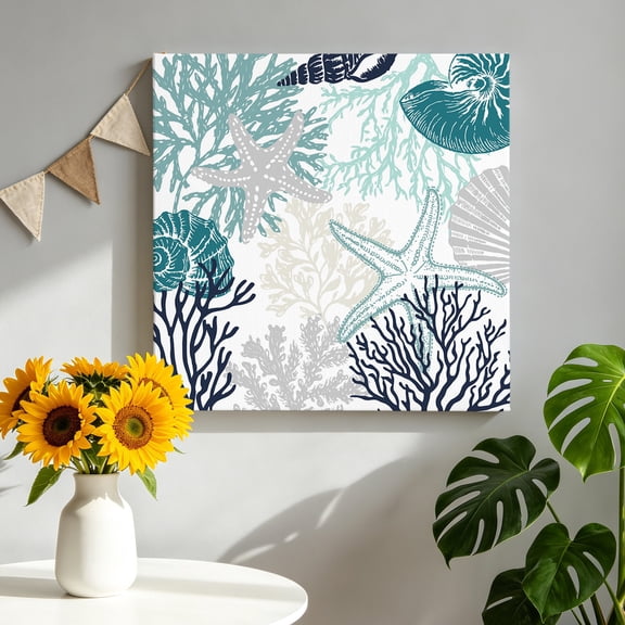 Summer Marine Life Canvas Wall Art Framed Wall Decor for Living Room Bedroom Bathroom, Graffiti Teal Corals Shell Sea Conch Starfish Canvas Pictures Ready to Hang Decor, 8"x8"