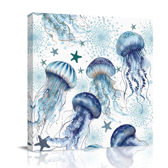 Summer Marine Life Canvas Wall Art for Living Room, Fantasy Ocean Watercolor Jellyfish Cute Starfish Wall Decor Framed Artwork Pictures Ready to Hang for Bedroom Office Home Decor