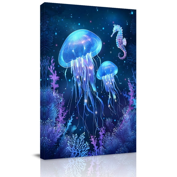 Summer Marine Life Canvas Wall Art for Living Room, Mystic Ocean Coral Watercolor Jellyfish Seahorse Poster Print Painting for Bedroom Office Home Decoration Wall Pictures Prepare To Hang 16"x24"