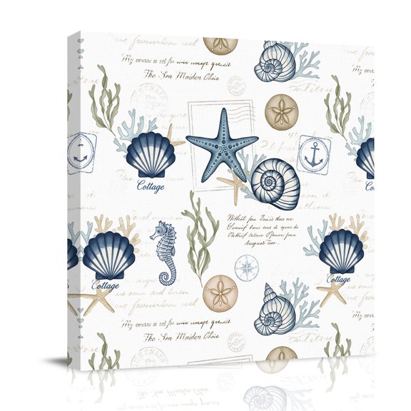 Summer Marine Life Canvas Wall Art for Living Room, Ocean Starfish Conch Shell Letter Print Retro Poster Print Painting for Bedroom Office Home Decoration Wall Pictures Prepare To Hang 8"x8"