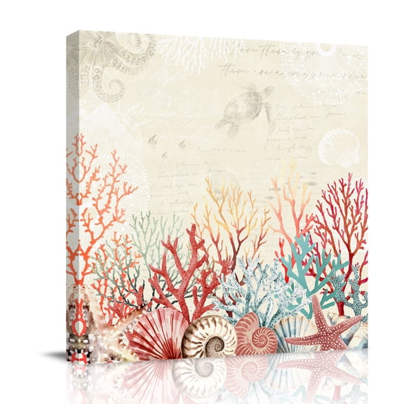 Summer Marine Life Canvas Wall Art for Living Room, Red Green Oceans Corals Shells Retro Beige Wall Decor Framed Artwork Pictures Ready to Hang for Bedroom Office Home Decor