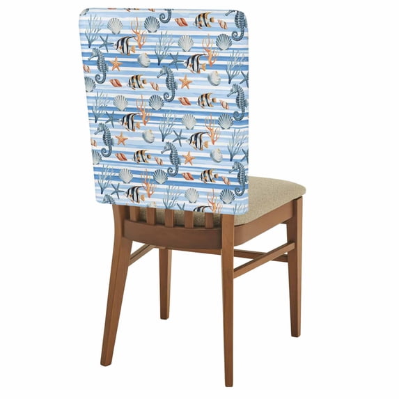 Summer Marine Life Chair Covers Set of 8 Seahorses Corals Tropical Fish Blue Striped Chair Back Covers Stretch Removable Washable Slipcovers Protector for Dining Room Kitchen Party Decor