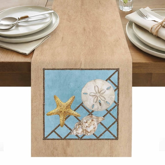 Summer Marine Life Cotton Linen Table Runner Coastal Starfish Ocean Conch Rope Border Dining Table Runners for Home Decor Party Dining Room Restaurant Kitchen Party 13" x 36"