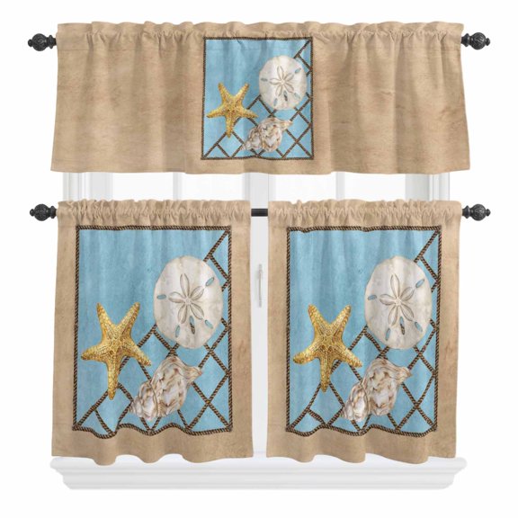 Summer Marine Life Curtain Valances Set Coastal Starfish Ocean Conch Rope Border Kitchen Curtains 24 inch Length Rod Pocket Valance and Tiers 3 Piece Set Small Bedroom Bathroom Laundry Decor