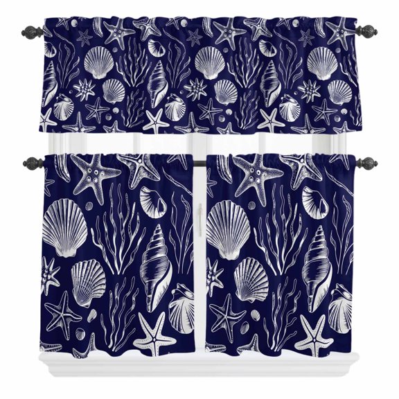 Summer Marine Life Curtain Valances Set Ocean Octopus Sharks Starfish White Bubble Kitchen Curtains 24 inch Length Rod Pocket Valance and Tiers 3 Piece Set Small Bedroom Bathroom Laundry Decor