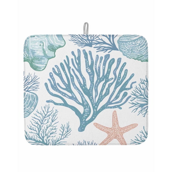 Summer Marine Life Dish Drying Mat 16x18 inch Ocean Coral Simple Lines Art Super Absorbent Microfiber Dish Drying Pad for Kitchen Countertops Sink Dish Drainer Racks Coffee Bar Mats 1 Pack