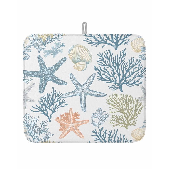 Summer Marine Life Dish Drying Mat 16x18 inch Ocean Coral Starfish Art Super Absorbent Microfiber Dish Drying Pad for Kitchen Countertops Sink Dish Drainer Racks Coffee Bar Mats 1 Pack