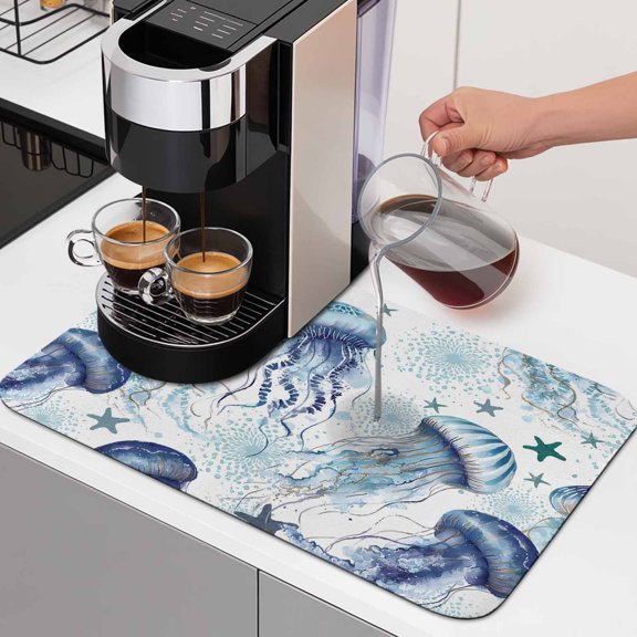 Summer Marine Life Dish Drying Mats for Kitchen Counter, Fantasy Ocean Watercolor Jellyfish Cute Starfish Absorbent Coffee Bar Mat with Non-slip Rubber Backed Quick Drying Dish Rack Pad 16"x18"