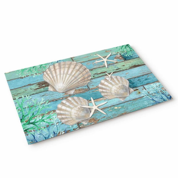 Summer Marine Life Door Mat Ocean Shell Coastal Starfish Retro Wood Grain Non Slip Absorbent Entrance Mat Washable Low Profile Indoor Doormat for Front Door Entryway Entry 16"x24"