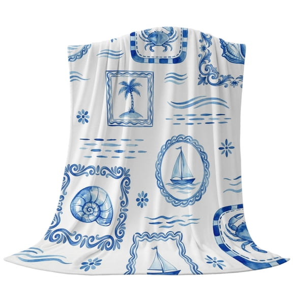 Summer Marine Life Fleece Throw Blanket Lightweight Watercolor Stamp Ocean Wave Coastal Crab Sailboat Fuzzy Flannel Throws Super Soft Cozy Flannel Blanket for Couch, Sofa, Bed, Travel 30"x40"