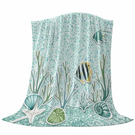 Summer Marine Life Fleece Throw Blanket Tropical Fish Ocean Starfish Conch Shell Ultra Soft Fuzzy Cozy Flannel Throw Blanket for Couch Sofa Bed Car Travel, Ideal Gifts 40x50 Inches