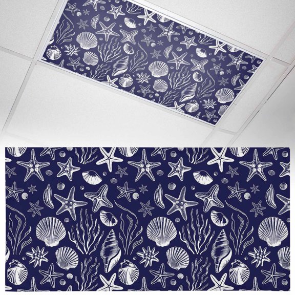 Summer Marine Life Fluorescent Light Covers Line Drawing Ocean Shell Starfish Sea Conch Seaweed Magnetic Light Filters Ceiling Lighting Panel Shade for Classroom Office Home 2 x 4 ft, 1 Pack