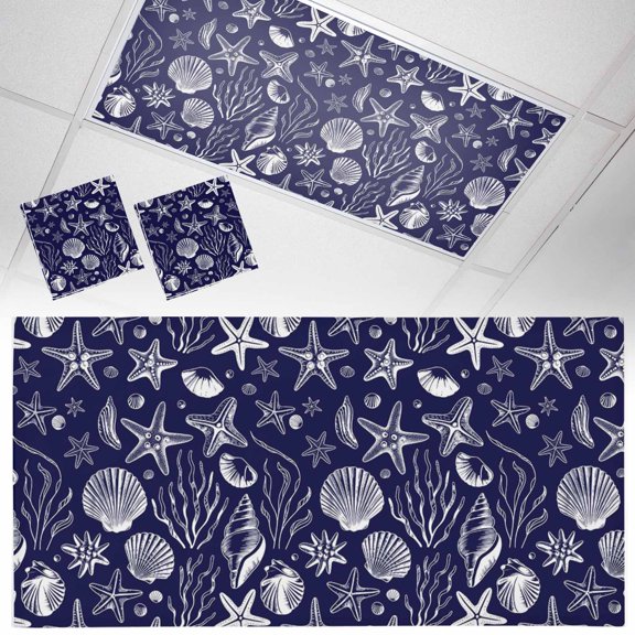 Summer Marine Life Fluorescent Light Covers Line Drawing Ocean Shell Starfish Sea Conch Seaweed Magnetic Light Filters Ceiling Lighting Panel Shade for Classroom Office Home 2 x 4 ft, 2 Pack