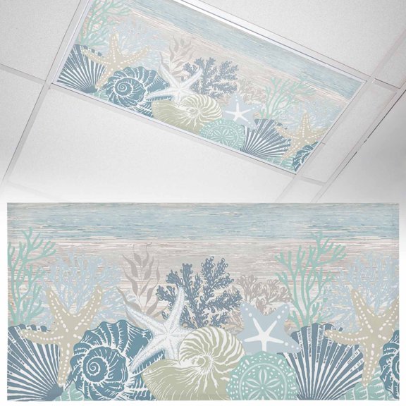 Summer Marine Life Fluorescent Light Covers Ocean Coral Coastal Starfish Sand Dollar Retro Magnetic Light Filters Ceiling Lighting Panel Shade for Classroom Office Home 2 x 4 ft, 1 Pack