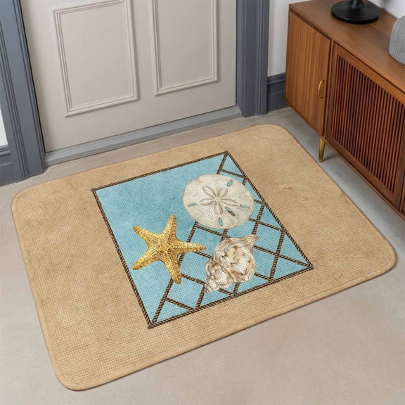 Summer Marine Life Front Door Mat Indoor Entrance, Coastal Starfish Ocean Conch Rope Border Absorbent Dirt Resist Welcome Mats Non-Slip Doormat Washable Entry Rug Indoor Outdoor 17x30 Inch