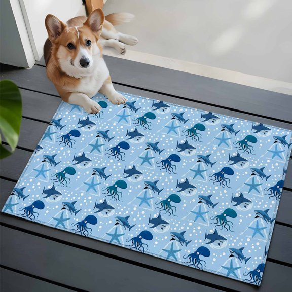 Summer Marine Life Front Door Rugs 2x3 ft Ocean Octopus Sharks Starfish White Bubble Small Rug for Entryway Non Slip Washable Bathroom Door Mat Absorbent Floor Mat for Indoor Entrance