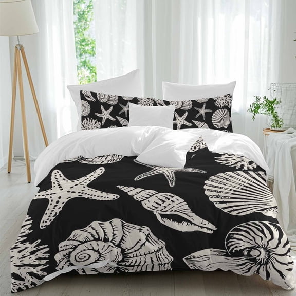 Summer Marine Life Full Size Comforter Set, Graffiti Corals Shell Conch Sea Starfish Black Bedding for All Seasons, 4 Pcs Bed Set, 1Quiltcover (86"x86") ,1Sheet(80"x116"), 2Pillowcases (30"x20")