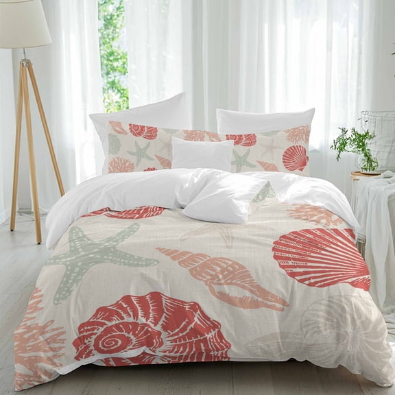 Summer Marine Life Full Size Comforter Set, Graffiti Red Corals Shell Conch Sea Starfish Linen Bedding for All Seasons, 4 Pcs Bed Set, 1Quiltcover (86"x86") ,1Sheet(80"x116"), 2Pillowcases (30"x20")