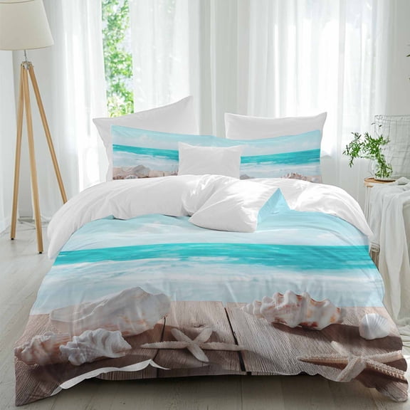 Summer Marine Life Full Size Comforter Set, Ocean Conch Starfish Coastal Landscape Bedding for All Seasons, 4 Pcs Bed Set, 1Quiltcover (86"x86") ,1Sheet(80"x116"), 2Pillowcases (30"x20")