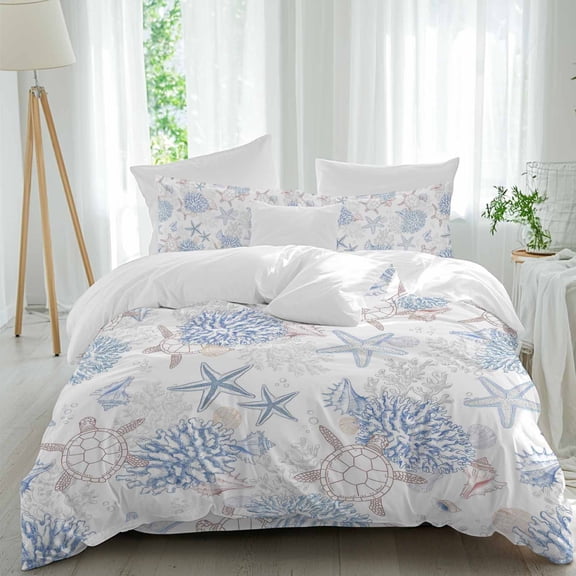 Summer Marine Life Full Size Comforter Set, Ocean Starfish Coral Coastal Sea Turtle Blue Bedding for All Seasons, 4 Pcs Bed Set, 1Quiltcover (86"x86") ,1Sheet(80"x116"), 2Pillowcases (30"x20")