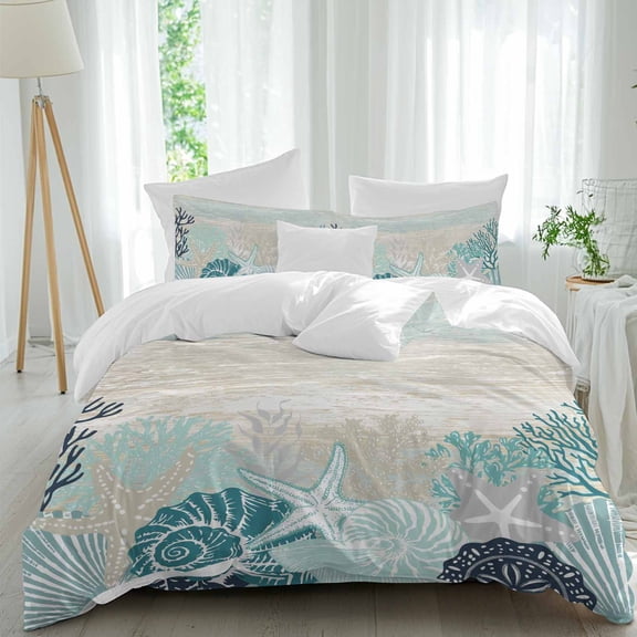 Summer Marine Life Full Size Comforter Set, Ocean Teal Coral Coastal Starfish Blue Conch Retro Bedding for All Seasons, 4 Pcs Bed Set, 1Quiltcover (86"x86") ,1Sheet(80"x116"), 2Pillowcases (30"x20")