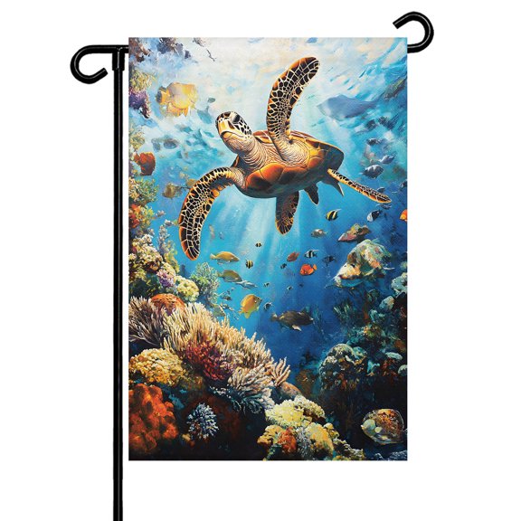 Summer Marine Life Garden Flag 12x18 Inch Ocean Turtle Shark Coral Double Sided Small Decorative Garden Flags for Outside, Outdoor Yard Porch Lawn Decoration