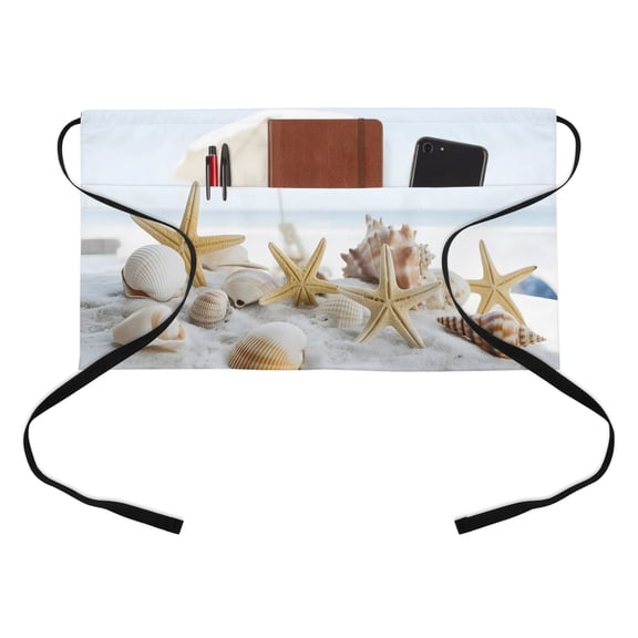 Summer Marine Life Half Waist Apron Ocean Starfish Conch Shell Beach Umbrella Coastal Short Waiter Aprons with 3 Pockets for Women Men Kitchen Restaurant Cooking