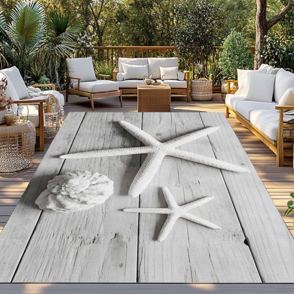 Summer Marine Life Indoor Outdoor Rugs 3x5 Ft, White Starfish Conch Wood Grain Outdoor Patio Rugs Mat Washable Outside Area Rugs Carpet for Porch Deck RV Camping Pool Balcony Backyard