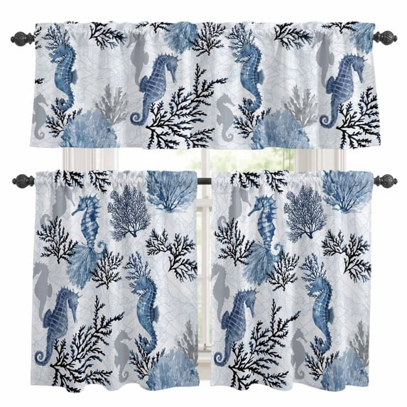 Summer Marine Life Kitchen Curtains Valances and Tiers Set of 3 Ocean Watercolor Seahorse Coastal Corals Tier Curtains and Valance with Rod Pocket for Small Windows, 27.5"x24"