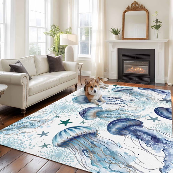 Summer Marine Life Large Area Rugs 8x10 ft Fantasy Ocean Watercolor Jellyfish Cute Starfish Washable Rug Non Slip Indoor Carpet Absorbent Floor Mat for Living Room Bedroom Dining Room