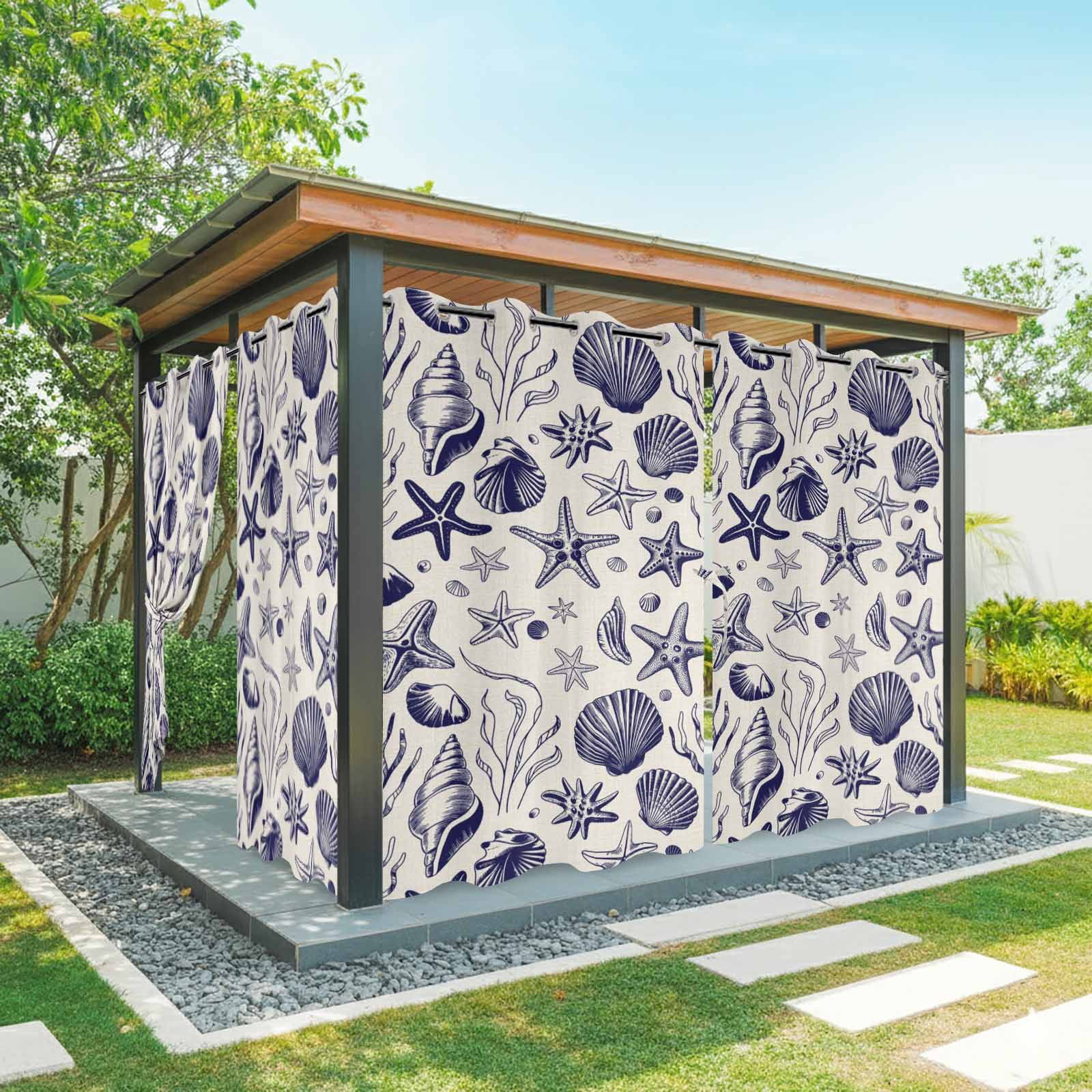 Summer Marine Life Outdoor Curtains for Patio, Black Line Ocean Shell Starfish Sea Conch Seaweed Sunshade Privacy Drapes Grommet Waterproof Outside Curtains for Porch Balcony 54"x 108", 1 Panel