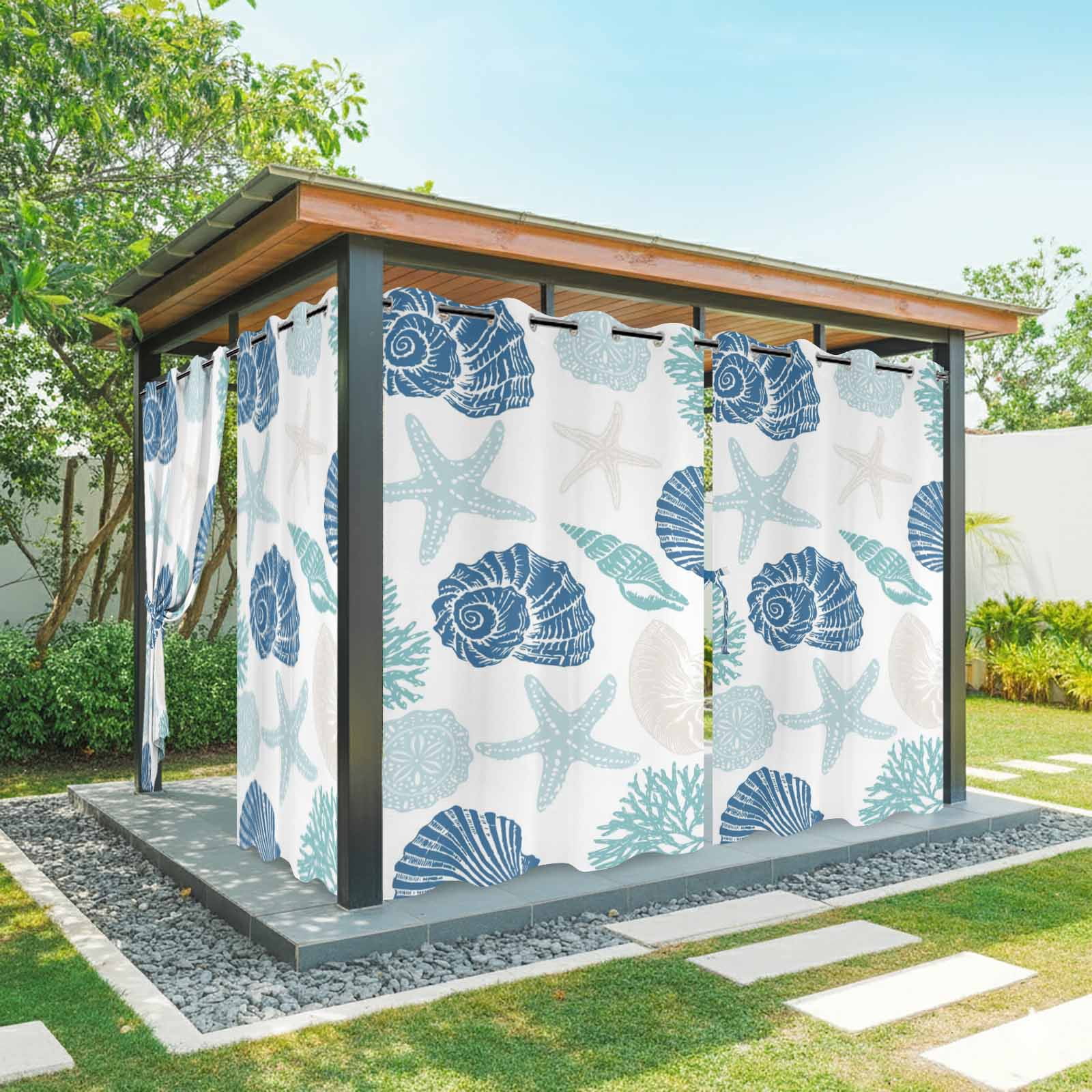Summer Marine Life Outdoor Curtains for Patio, Graffiti Blue Corals Shell Conch Sea Starfish Sunshade Privacy Drapes Grommet Waterproof Outside Curtains for Porch/Cabana/Balcony 54"x 108", 1 Panel