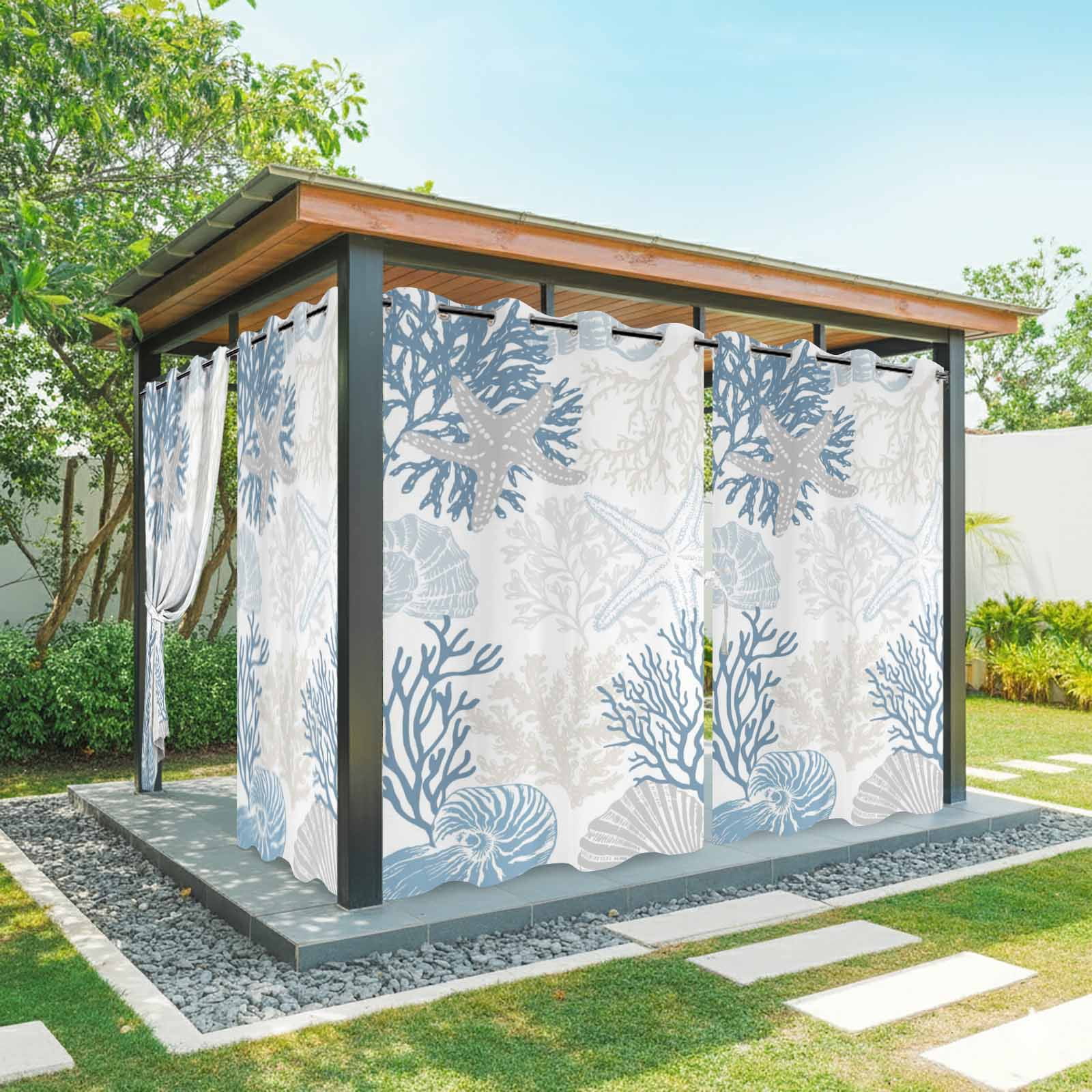 Summer Marine Life Outdoor Curtains for Patio, Graffiti Corals Gray Shell Sea Conch Starfish Sunshade Privacy Drapes Grommet Waterproof Outside Curtains for Porch/Cabana/Balcony 54"x 108", 1 Panel