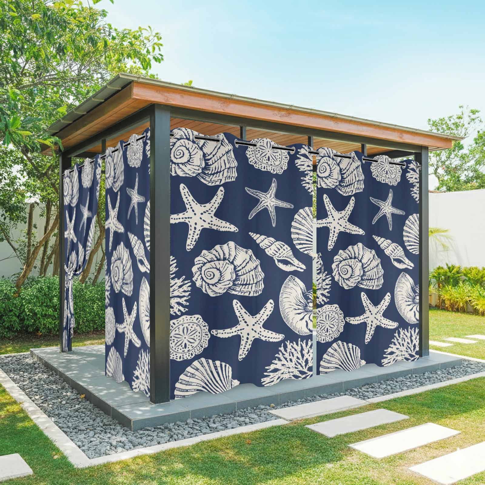 Summer Marine Life Outdoor Curtains for Patio, Graffiti Corals Shell Conch Sea Starfish Navy Blue Sunshade Privacy Drapes Grommet Waterproof Outside Curtains for Porch Balcony 54"x108", 1 Panel