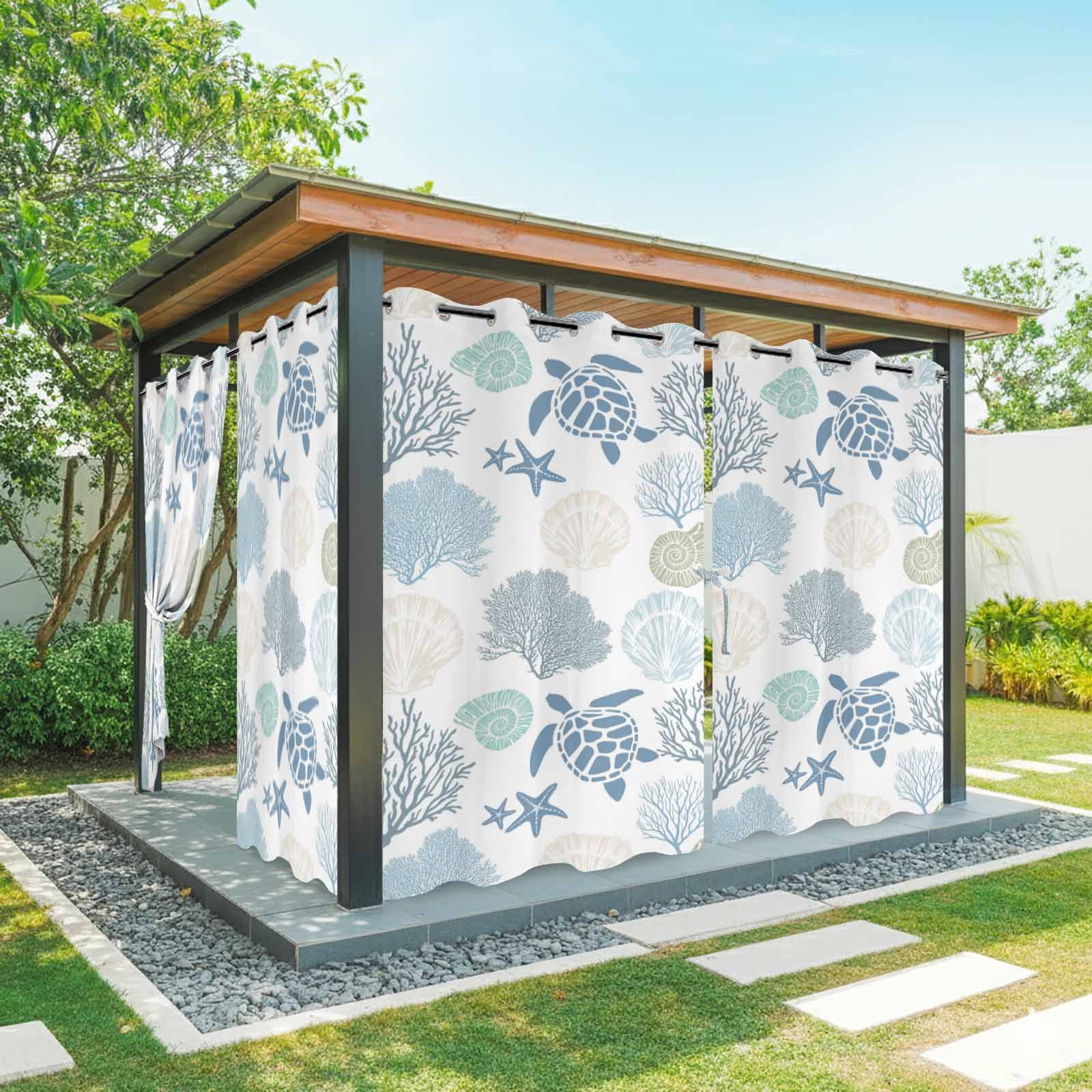 Summer Marine Life Outdoor Curtains for Patio, Graffiti Sea Turtle Starfish Teal Conch Coral Sunshade Privacy Drapes Grommet Waterproof Outside Curtains for Porch/Cabana/Balcony 54"x 108", 1 Panel