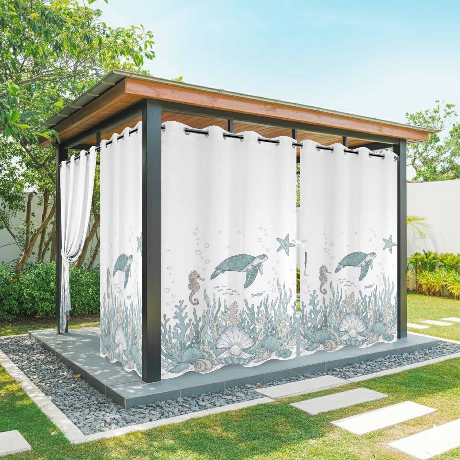 Summer Marine Life Outdoor Curtains for Patio, Nautical Starfish Ocean Seahorse Sea Turtle Coastal Sunshade Privacy Drapes Grommet Waterproof Outside Curtains for Porch Balcony 54"x108", 1 Panel