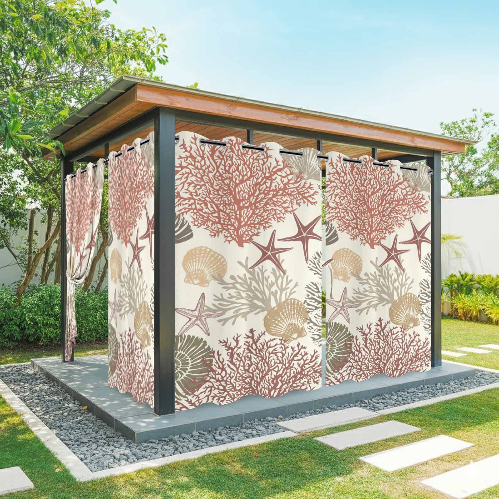 Summer Marine Life Outdoor Curtains for Patio, Ocean Coral Conch Silhouette Graffiti Starfish Sunshade Privacy Drapes Grommet Waterproof Outside Curtains for Porch/Cabana/Balcony 54"x 108", 1 Panel