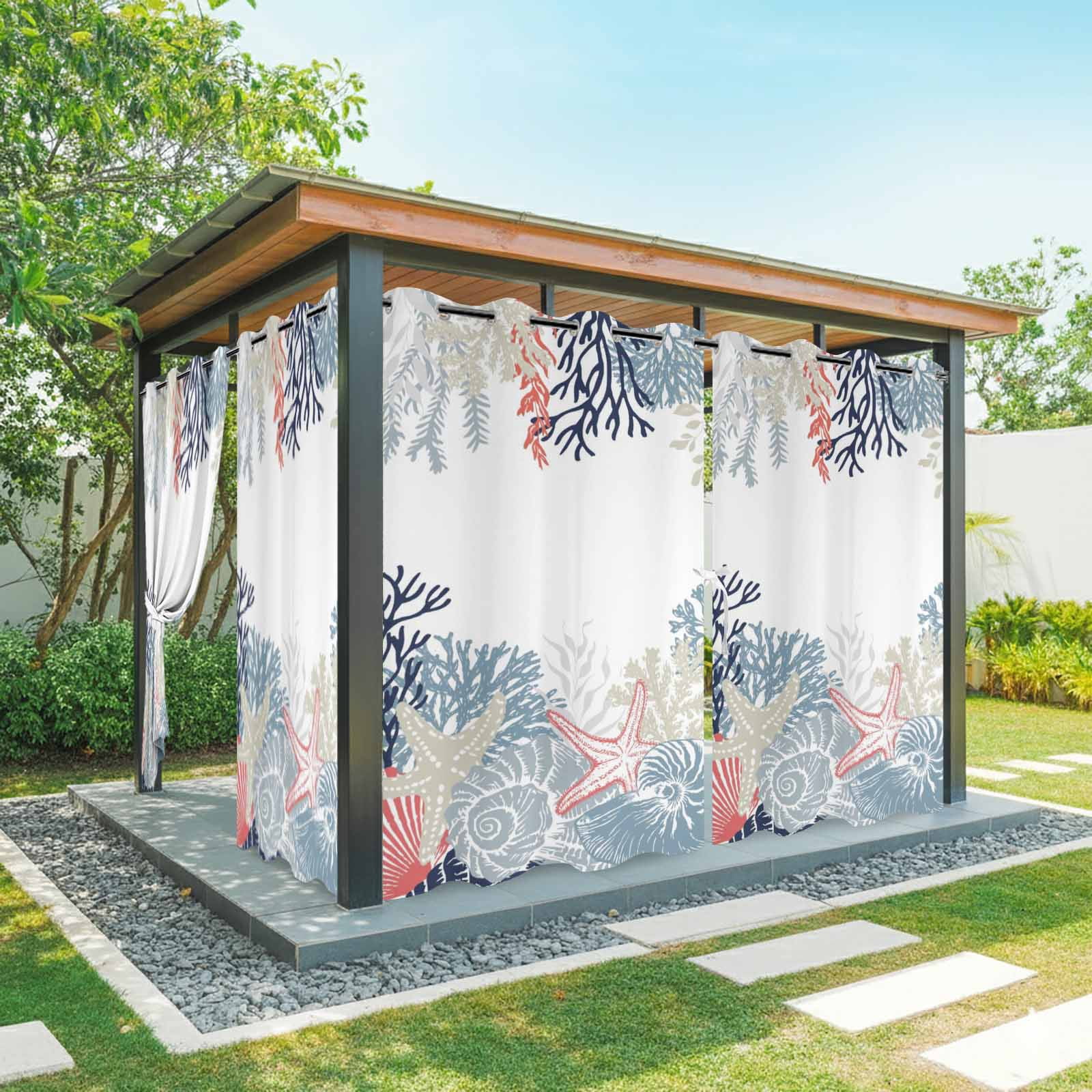 Summer Marine Life Outdoor Curtains for Patio, Ocean Corals Coastal Starfish Blue Conch Sunshade Privacy Drapes Grommet Waterproof Outside Curtains for Porch/Cabana/Balcony 54"x 108", 1 Panel