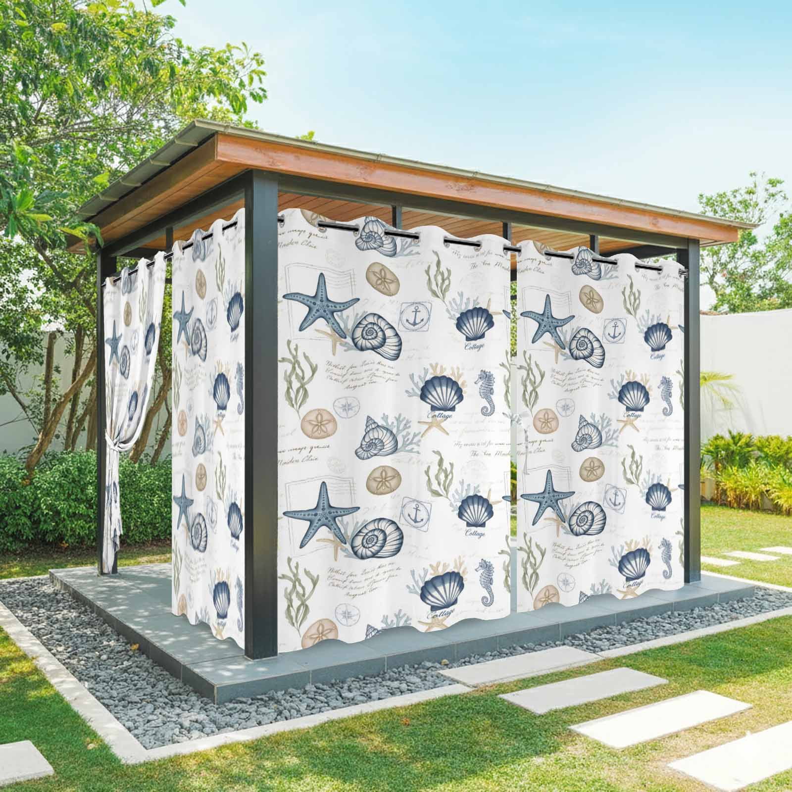 Summer Marine Life Outdoor Curtains for Patio, Ocean Starfish Conch Shell Letter Print Retro Sunshade Privacy Drapes Grommet Waterproof Outside Curtains for Porch/Cabana/Balcony 54"x 108", 1 Panel