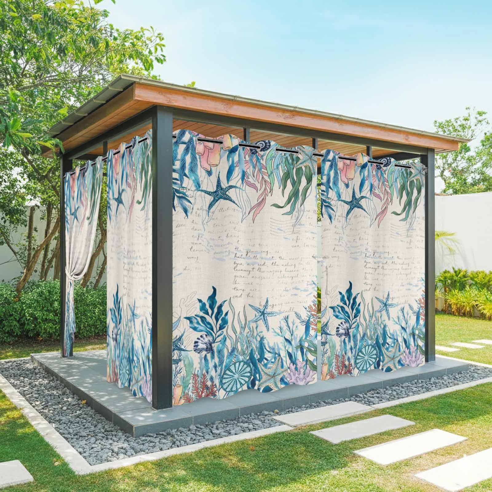 Summer Marine Life Outdoor Curtains for Patio, Ocean Starfish Coral Green Seaweeds Letter Print Sunshade Privacy Drapes Grommet Waterproof Outside Curtains for Porch/Cabana/Balcony 54"x 108", 1 Panel