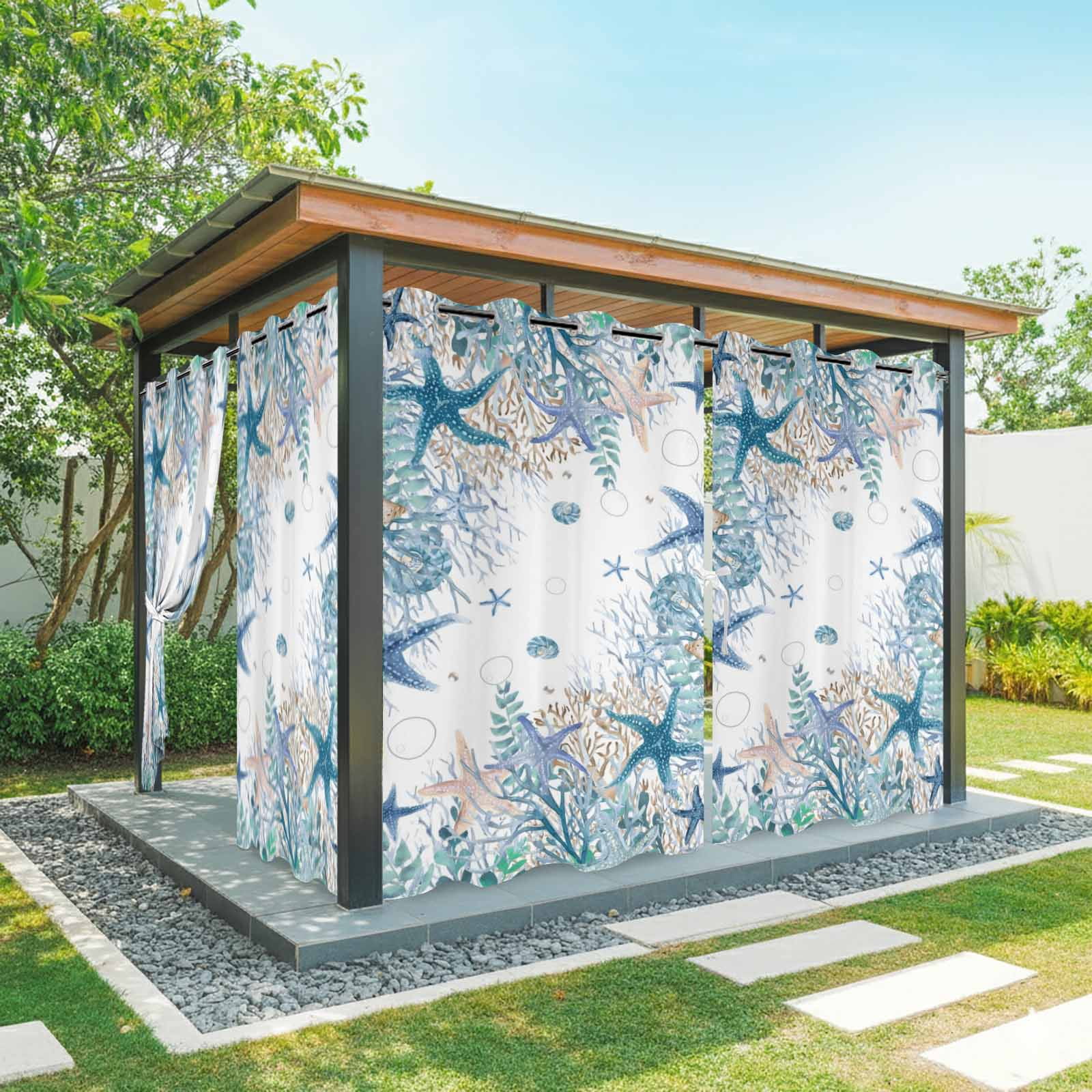 Summer Marine Life Outdoor Curtains for Patio, Watercolor Blue Starfish Ocean Bubble Coral Sunshade Privacy Drapes Grommet Waterproof Outside Curtains for Porch/Cabana/Balcony 54"x 108", 1 Panel