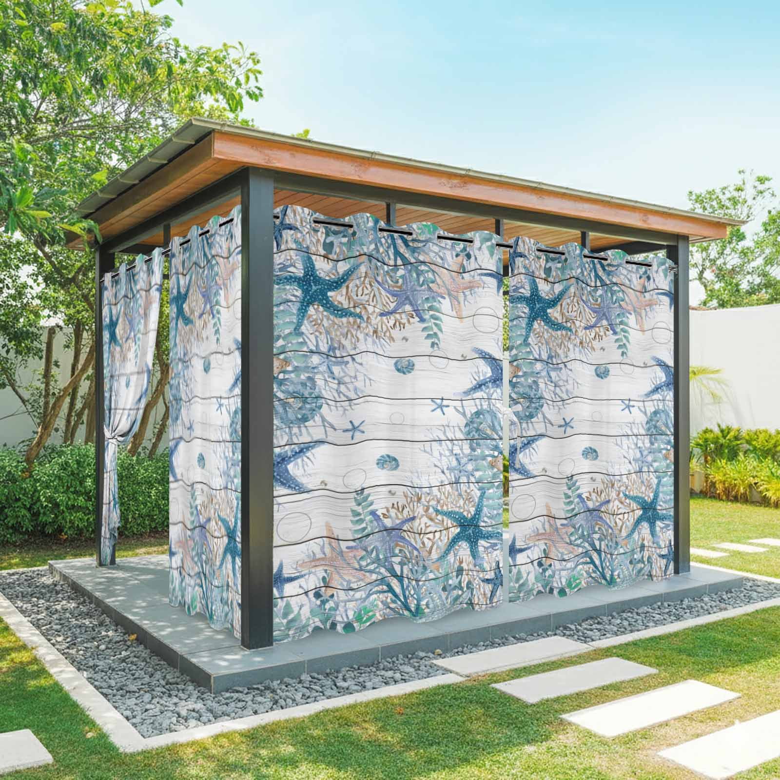 Summer Marine Life Outdoor Curtains for Patio, Watercolor Blue Starfish Ocean Bubble Wood Grain Sunshade Privacy Drapes Grommet Waterproof Outside Curtains for Porch/Cabana/Balcony 54"x 108", 2 Panel