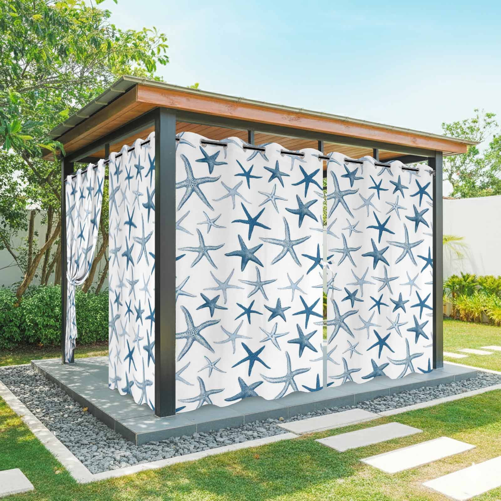 Summer Marine Life Outdoor Curtains for Patio, Watercolor Blue Starfishes Ocean Landscape Sunshade Privacy Drapes Grommet Waterproof Outside Curtains for Porch/Cabana/Balcony 54"x 108", 1 Panel