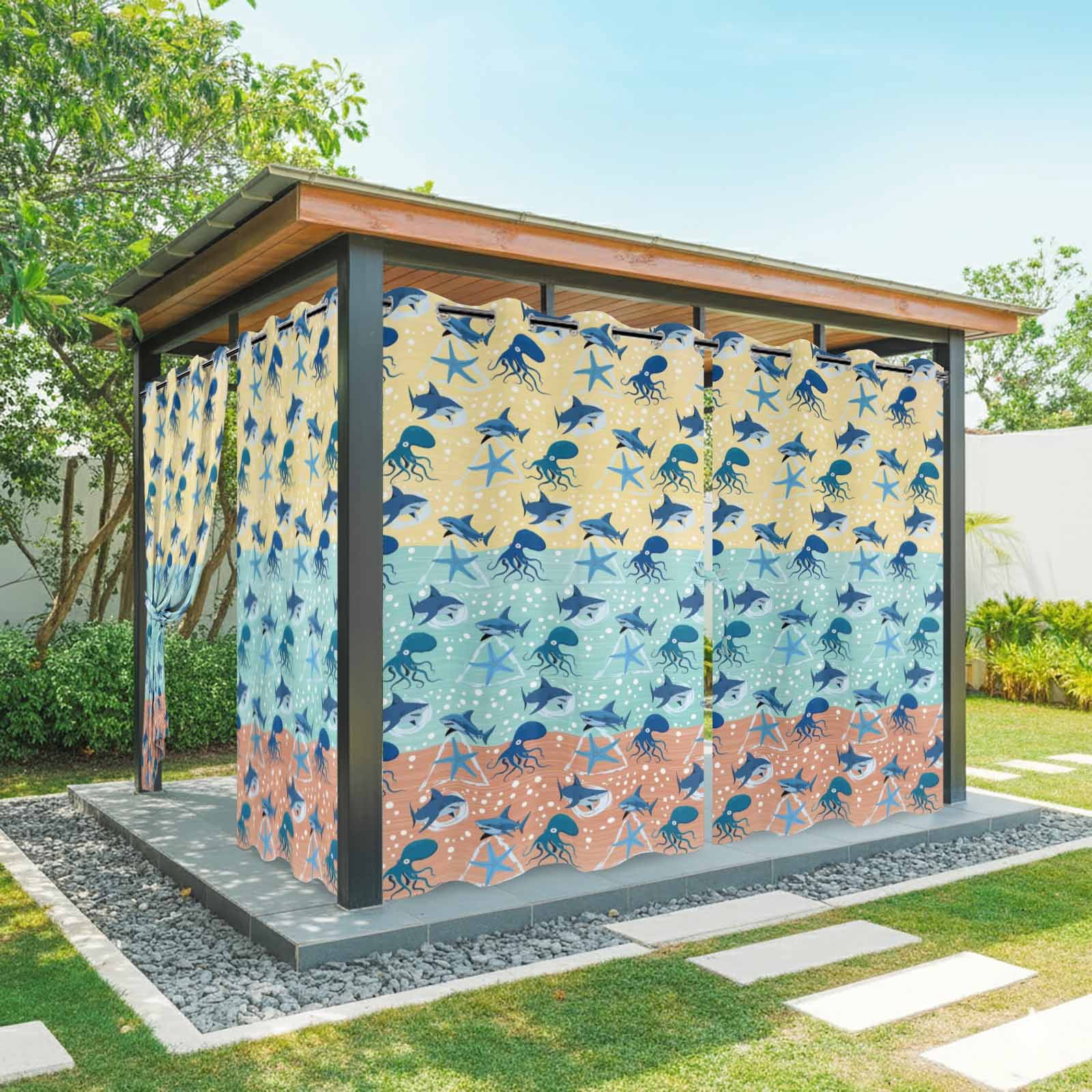 Summer Marine Life Outdoor Curtains for Patio, Watercolor Octopus Sharks Ocean Starfish Bubble Sunshade Privacy Drapes Grommet Waterproof Outside Curtains for Porch/Cabana/Balcony 54"x 108", 1 Panel