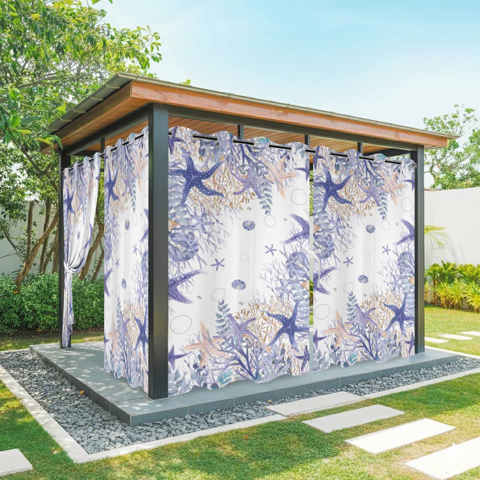 Summer Marine Life Outdoor Curtains for Patio, Watercolor Purple Starfish Ocean Bubble Sunshade Privacy Drapes Grommet Waterproof Outside Curtains for Porch/Cabana/Balcony 54"x 108", 1 Panel