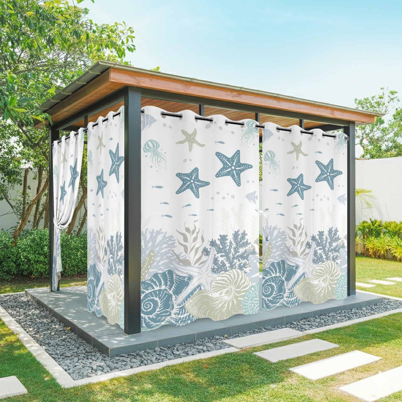 Summer Marine Life Outdoor Curtains for Patio, Watercolor Sea Fish Ocean Starfish Conch Sunshade Privacy Drapes Grommet Waterproof Outside Curtains for Porch/Cabana/Balcony 54"x 108", 1 Panel