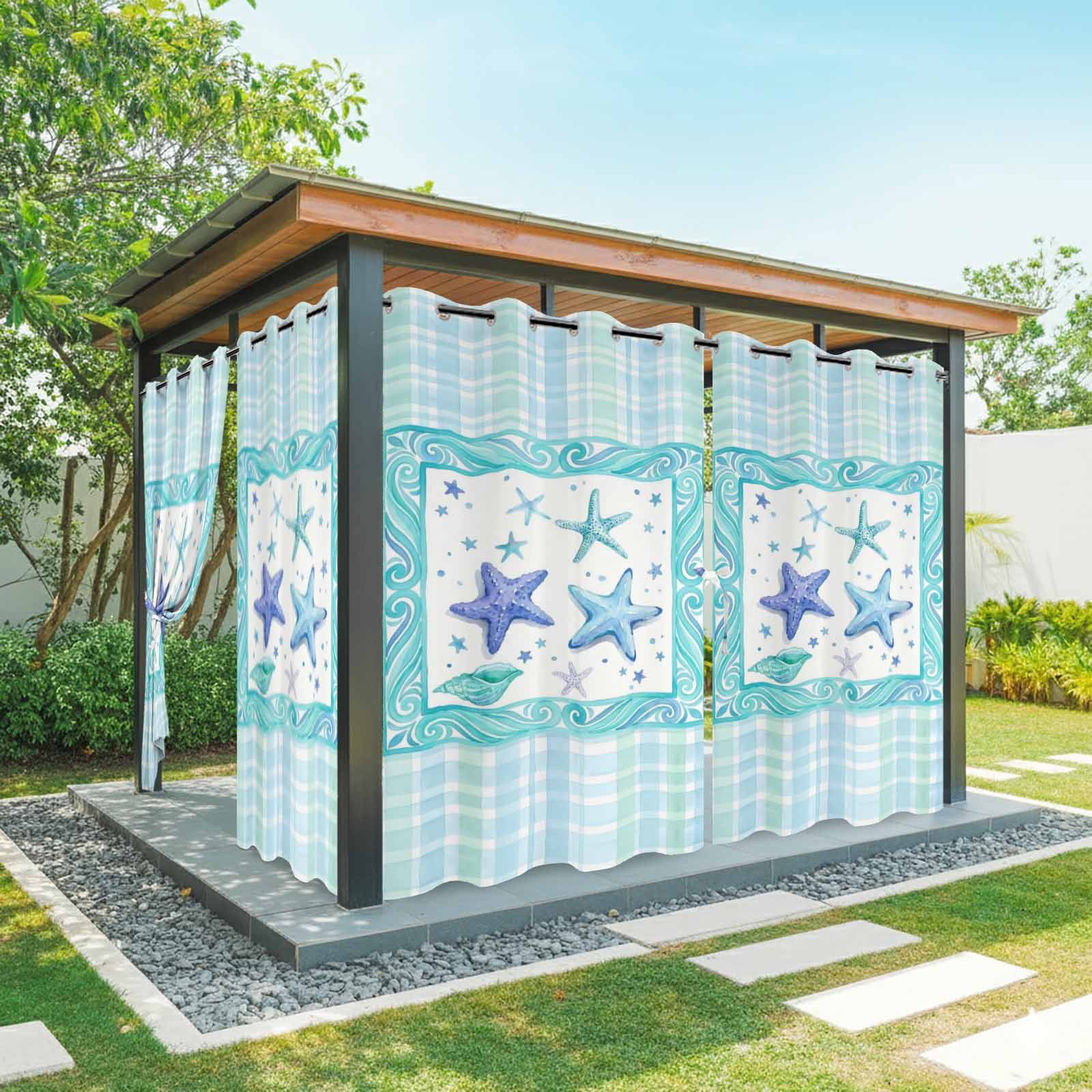Summer Marine Life Outdoor Curtains for Patio, Watercolor Starfish Green Blue Border Plaid Sunshade Privacy Drapes Grommet Waterproof Outside Curtains for Porch/Cabana/Balcony 54"x 108", 1 Panel