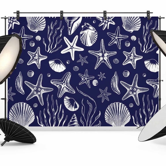Summer Marine Life Photography Backdrop 7x5FT, Line Drawing Ocean Shell Starfish Sea Conch Seaweed Photo Backdrops, Background for Photography Studio Photo Studio Background, Back Drop for Photoshoot
