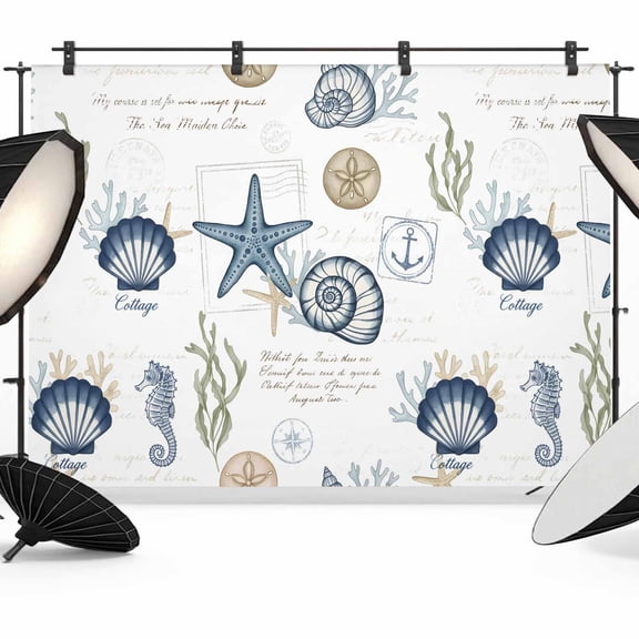 Summer Marine Life Photography Backdrop 7x5FT, Ocean Starfish Conch Shell Letter Print Retro Photo Backdrops, Background for Photography Studio Photo Studio Background, Back Drop for Photoshoot